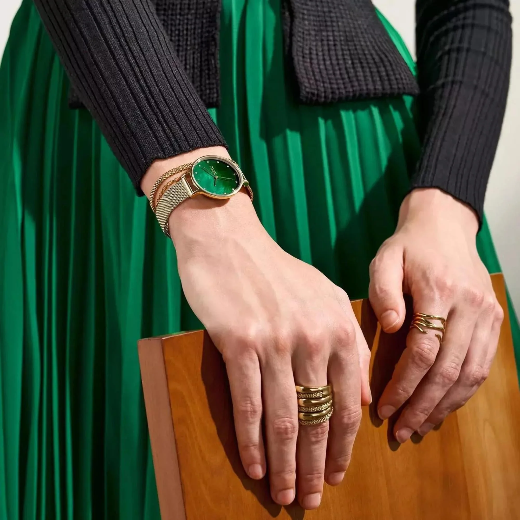 Skagen Anita Lille Gold Stainless Steel Mesh Green Dial Women's Watch SKW3145 - Image 2