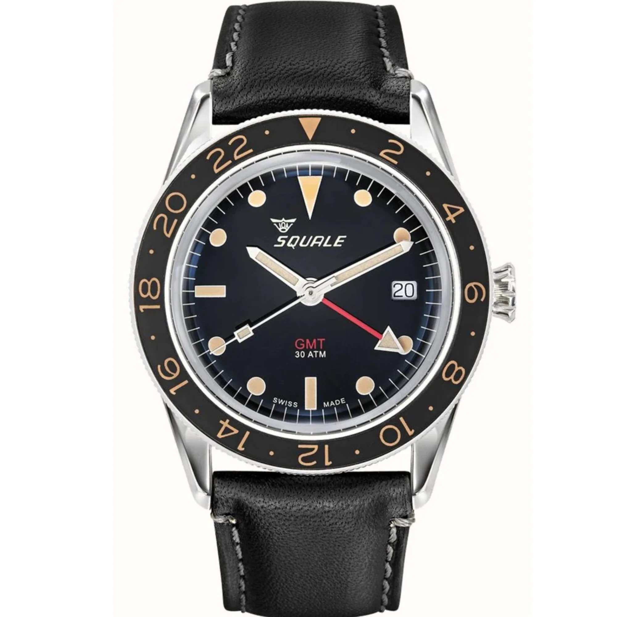 Squale Sub-39 GMT Vintage Automatic Black Dial Black Leather Strap Men's Watch SUB39GMTV.PN