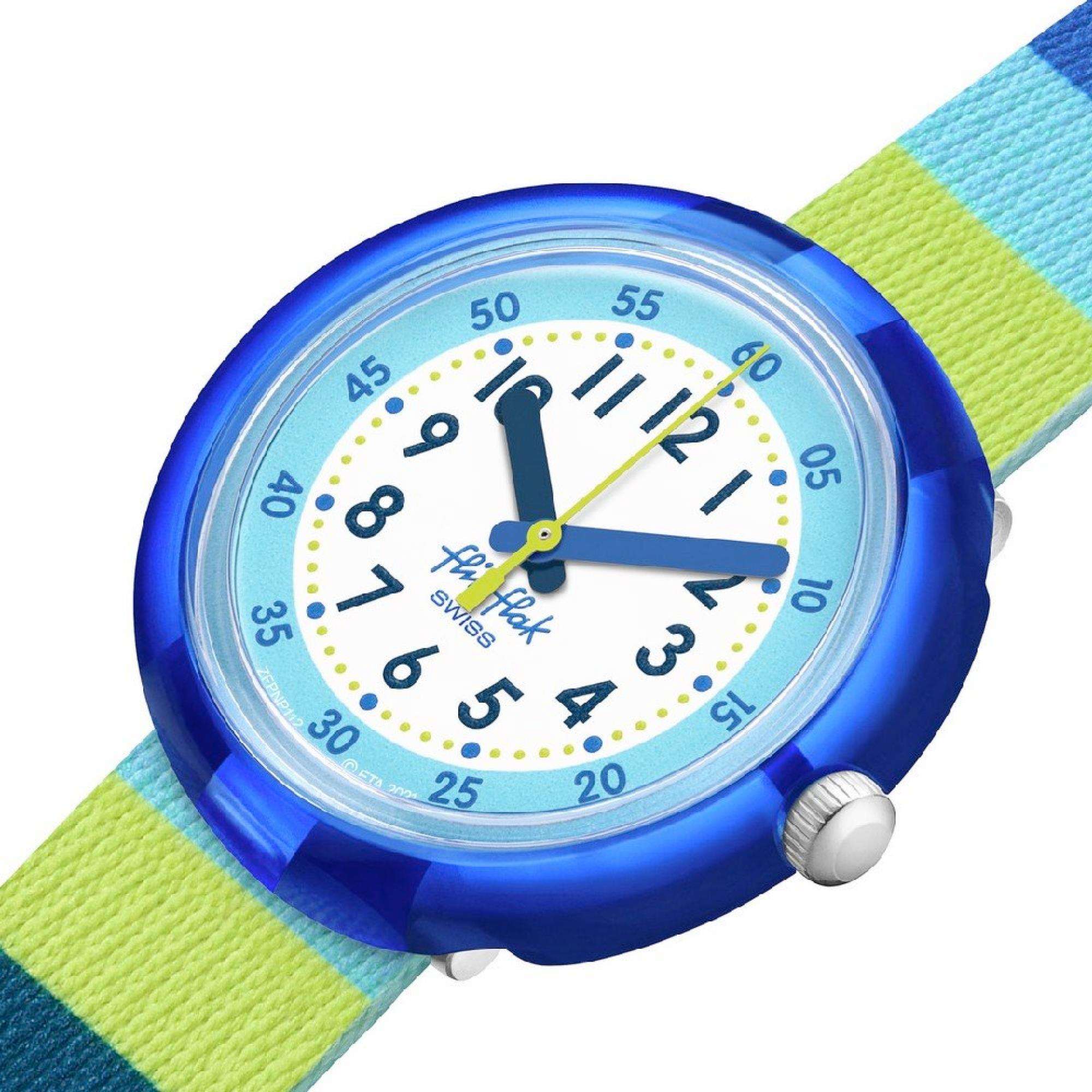 Flik Flak STRIPEY BLUE Blue and Green Strap Kids Watch FPNP112 - Image 2