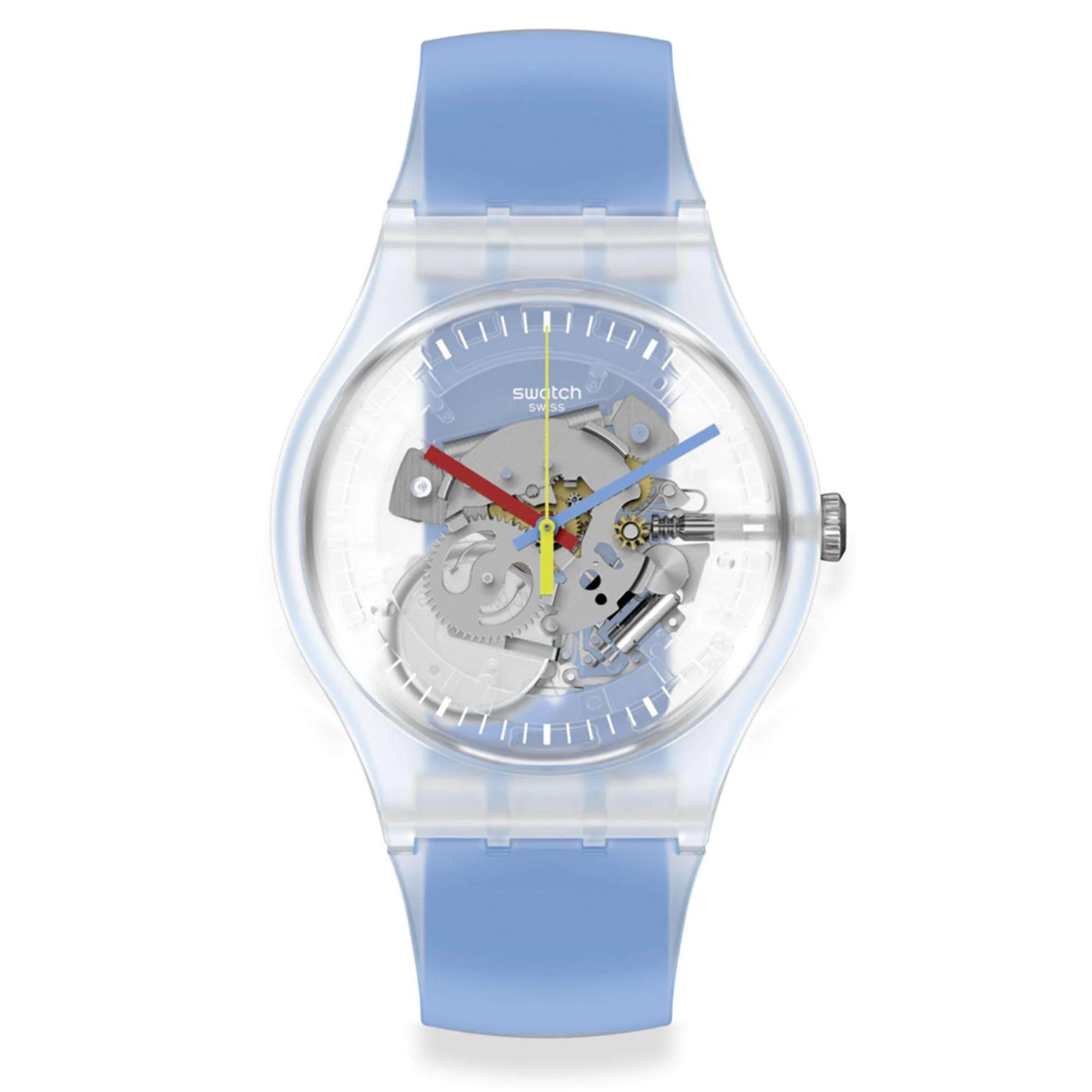 Swatch Clearly Blue Striped Quartz Transparent Dial Blue Silicone Strap Unisex Watch SUOK156