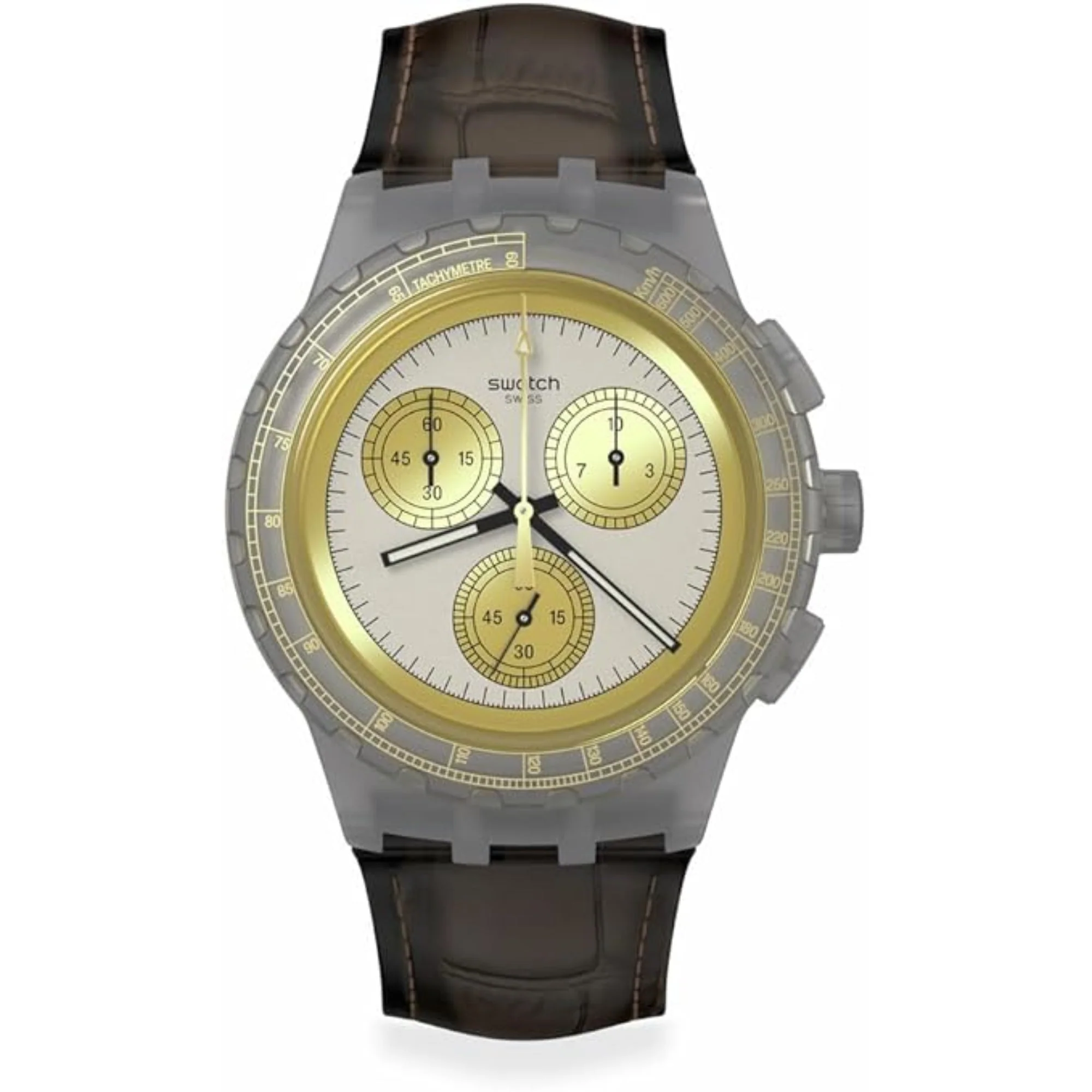Swatch Holiday Collection Golden Radiance NEON Quartz Grey Dial Brown Leather Strap Men's Watch SUSM100 - Image 7