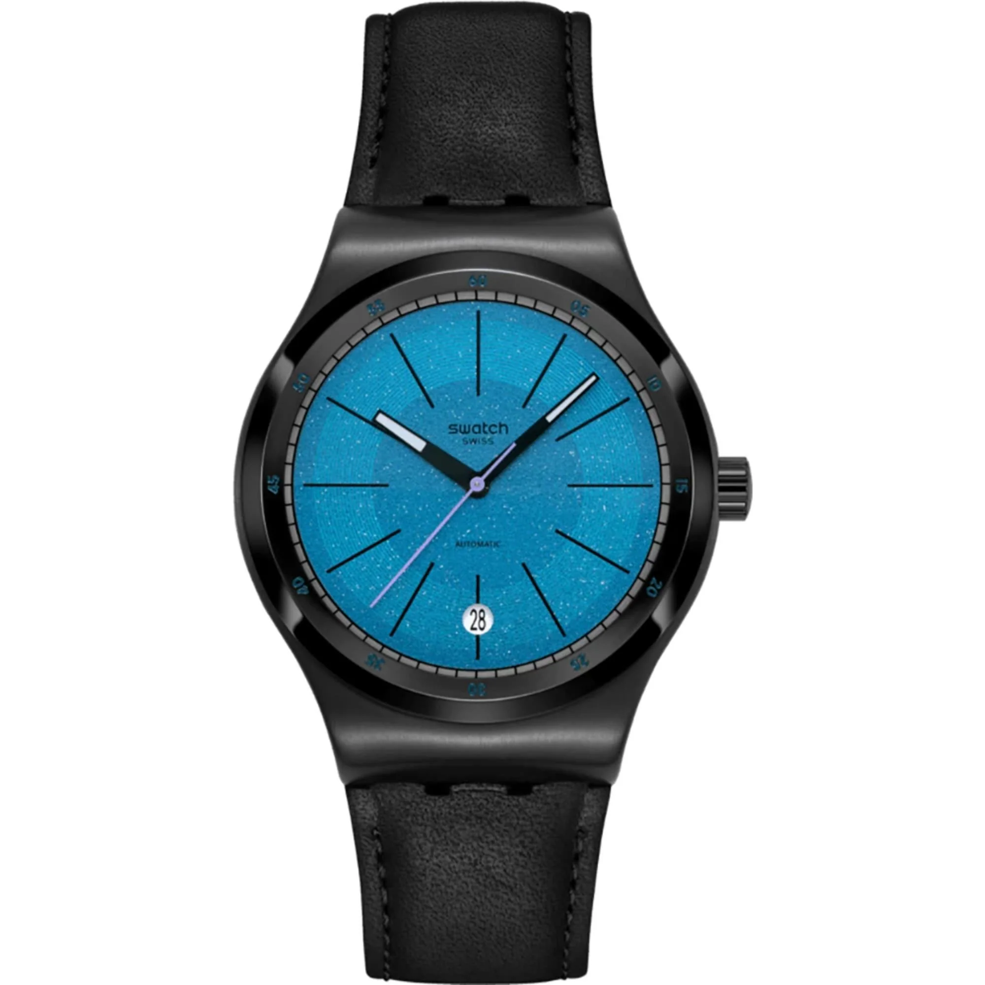 Swatch Irony Blackcloack Mechanism Blue Dial Leather Strap Unisex Watch YIB408