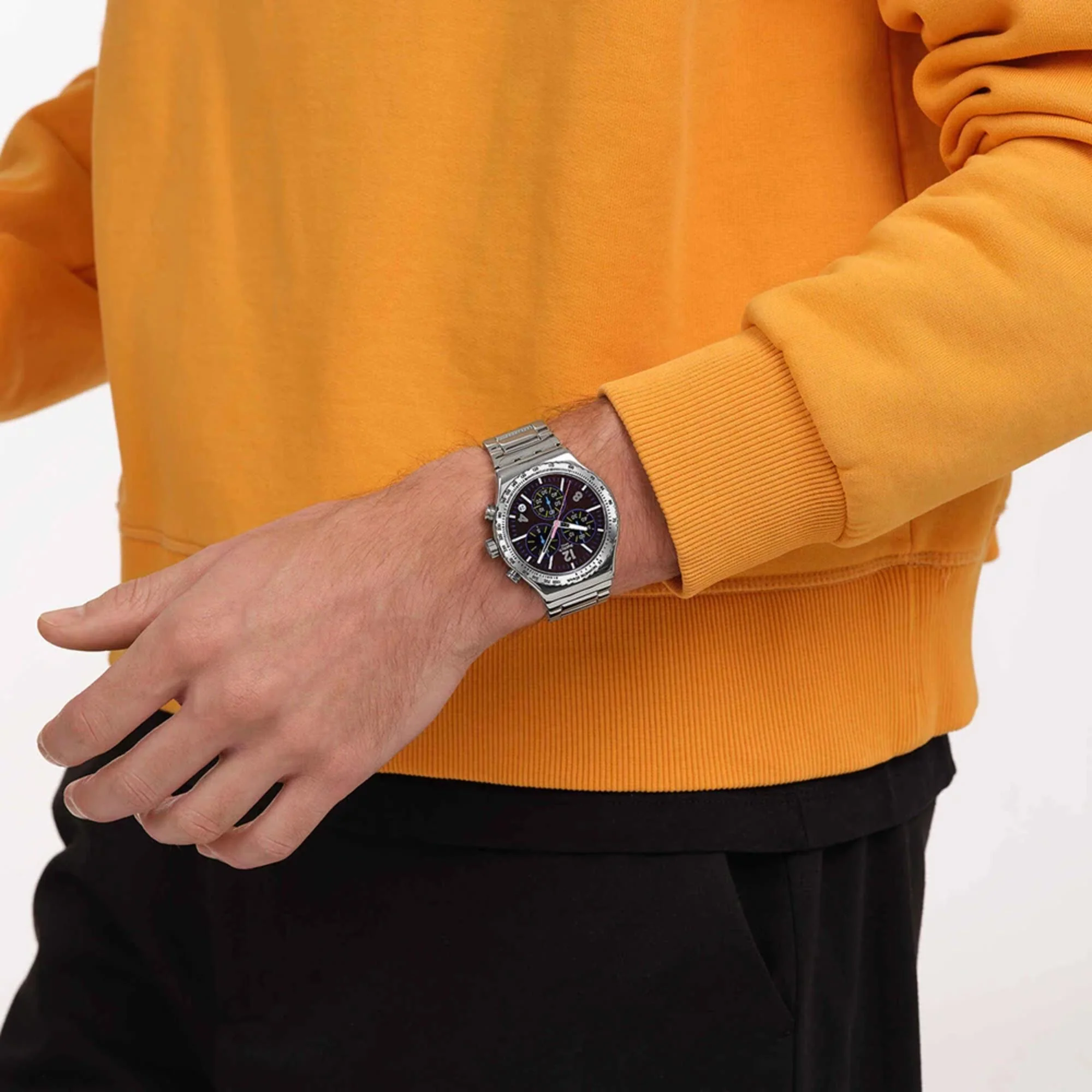 Swatch Irony Purple Glow Chronograph Black Dial Steel Strap Unisex Watch YVS533G - Image 2