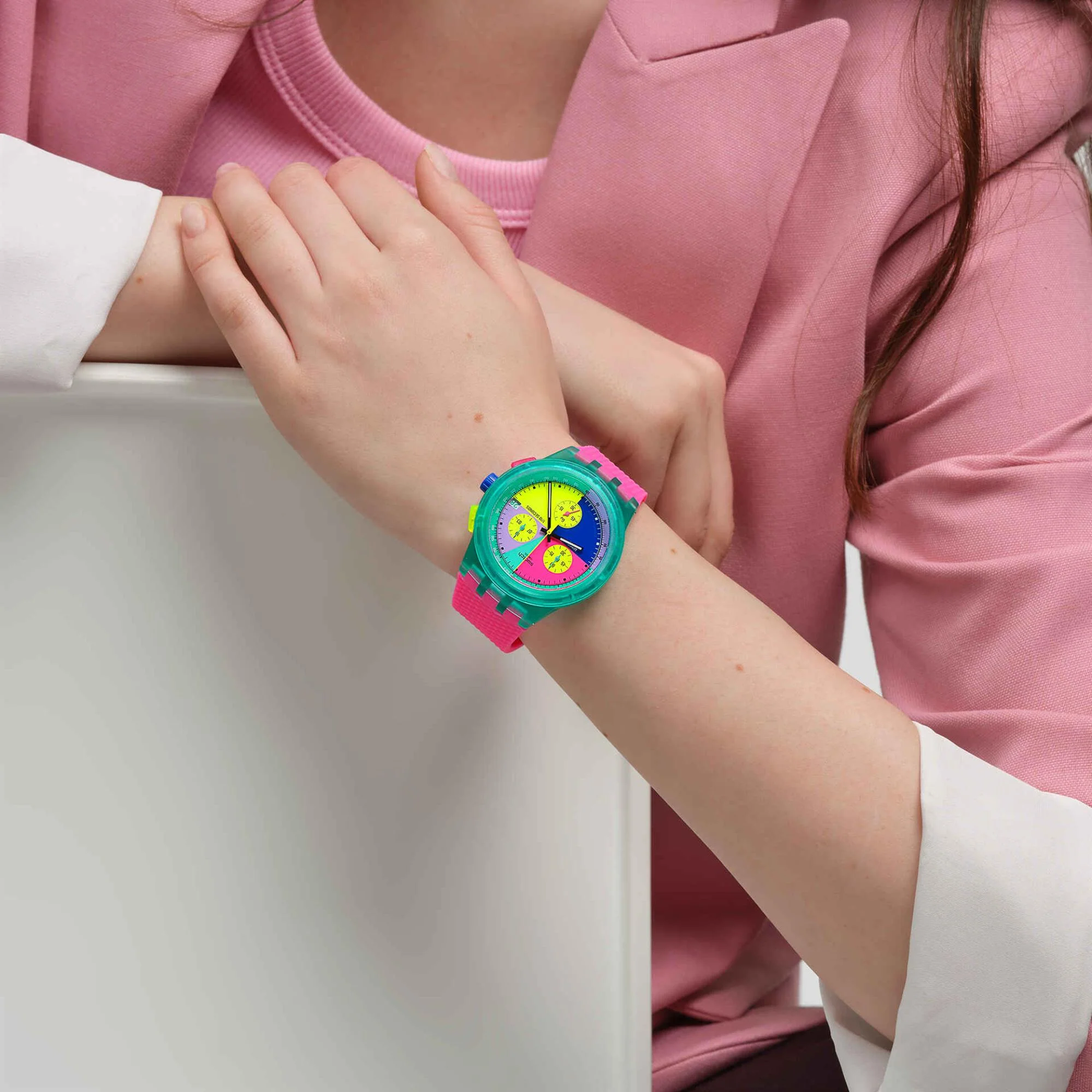 Swatch Neon Flash Arrow Chronograph Multicolour Dial Pink Silicone Strap Unisex Watch SUSG408 - Image 4