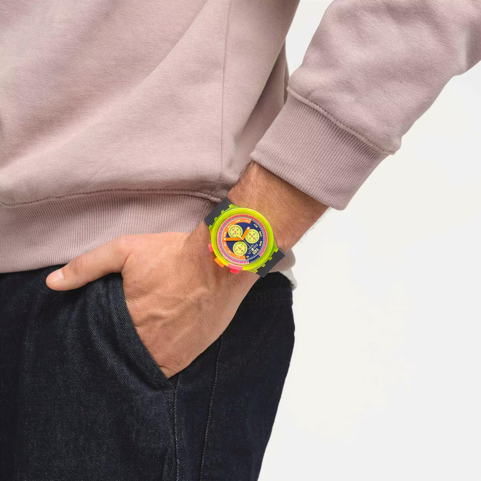 Swatch NEON TO THE MAX Black and Neon Unisex Watch SB06J100 - Image 10