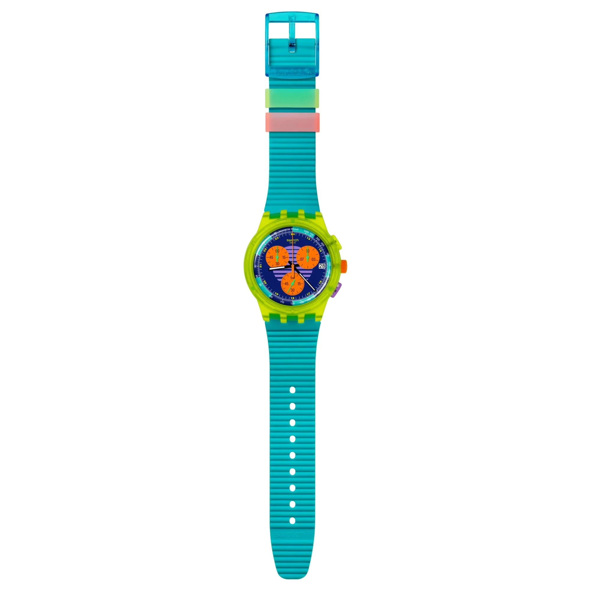 Swatch Neon Wave Multi-coloured Dial Chronograph Turquoise Silicone Strap Watch SUSJ404 - Image 10