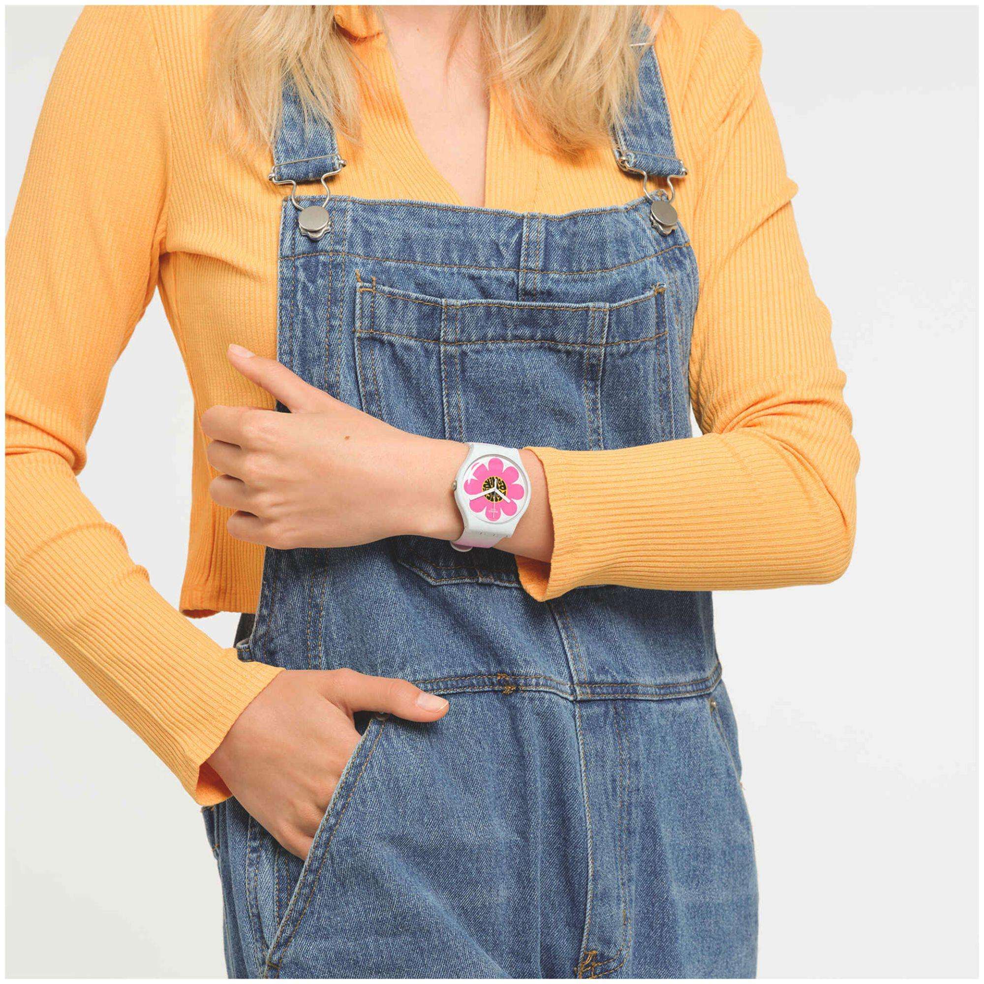 Swatch New Gent Bioceramic Flower Hour Quartz Multi-Coloured Dial Pink Silicone Strap Unisex Watch SO32M104 - Image 3