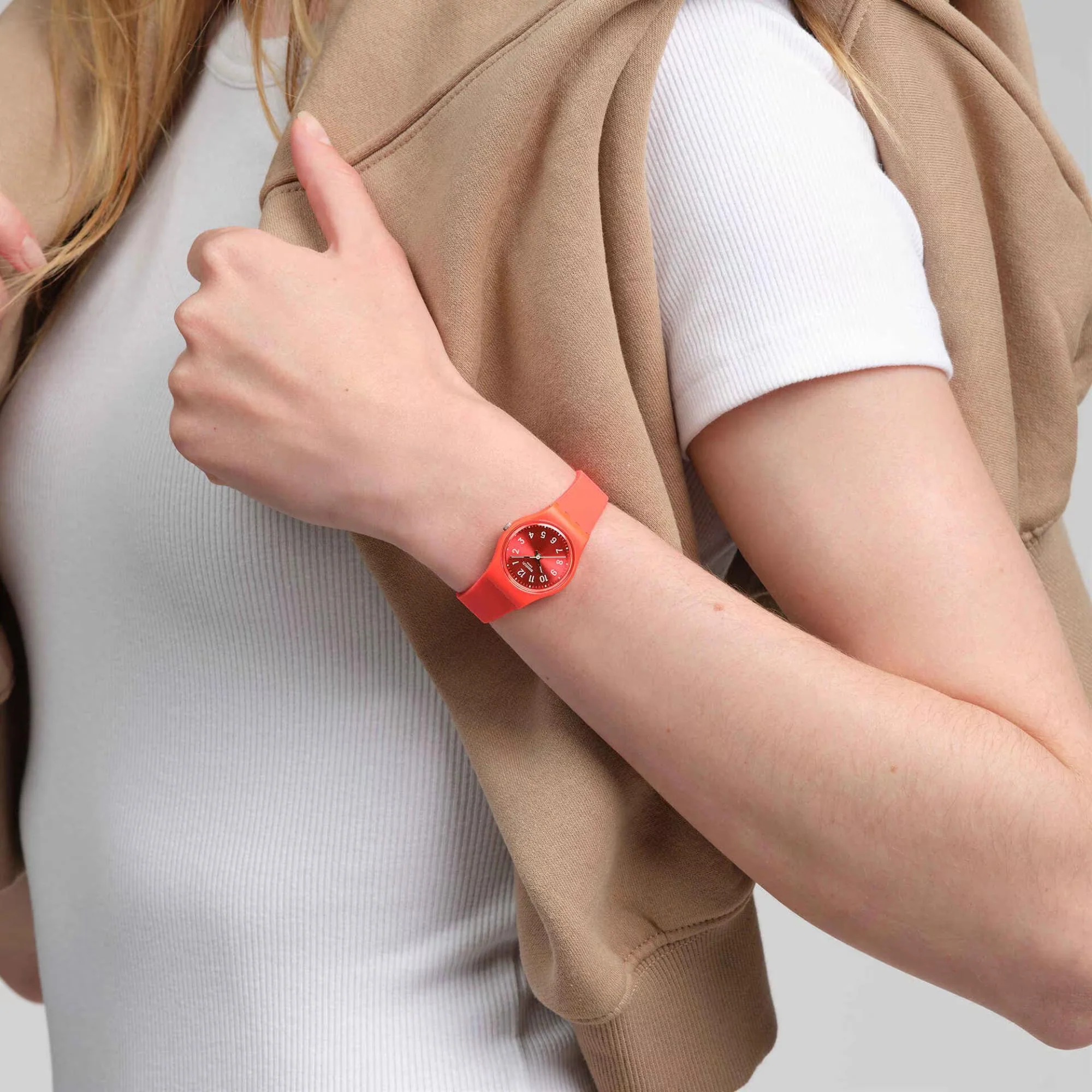 Swatch NOTES OF CORAL Quartz Red Dial Silicone Strap Unisex Watch LP165 - Image 5