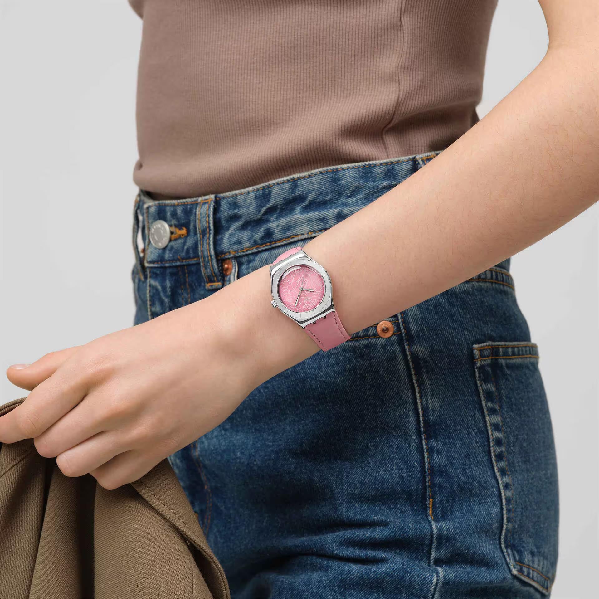 Swatch Pink Petal Promise Pink Dial Leather Strap Unisex Watch YLS234 - Image 5