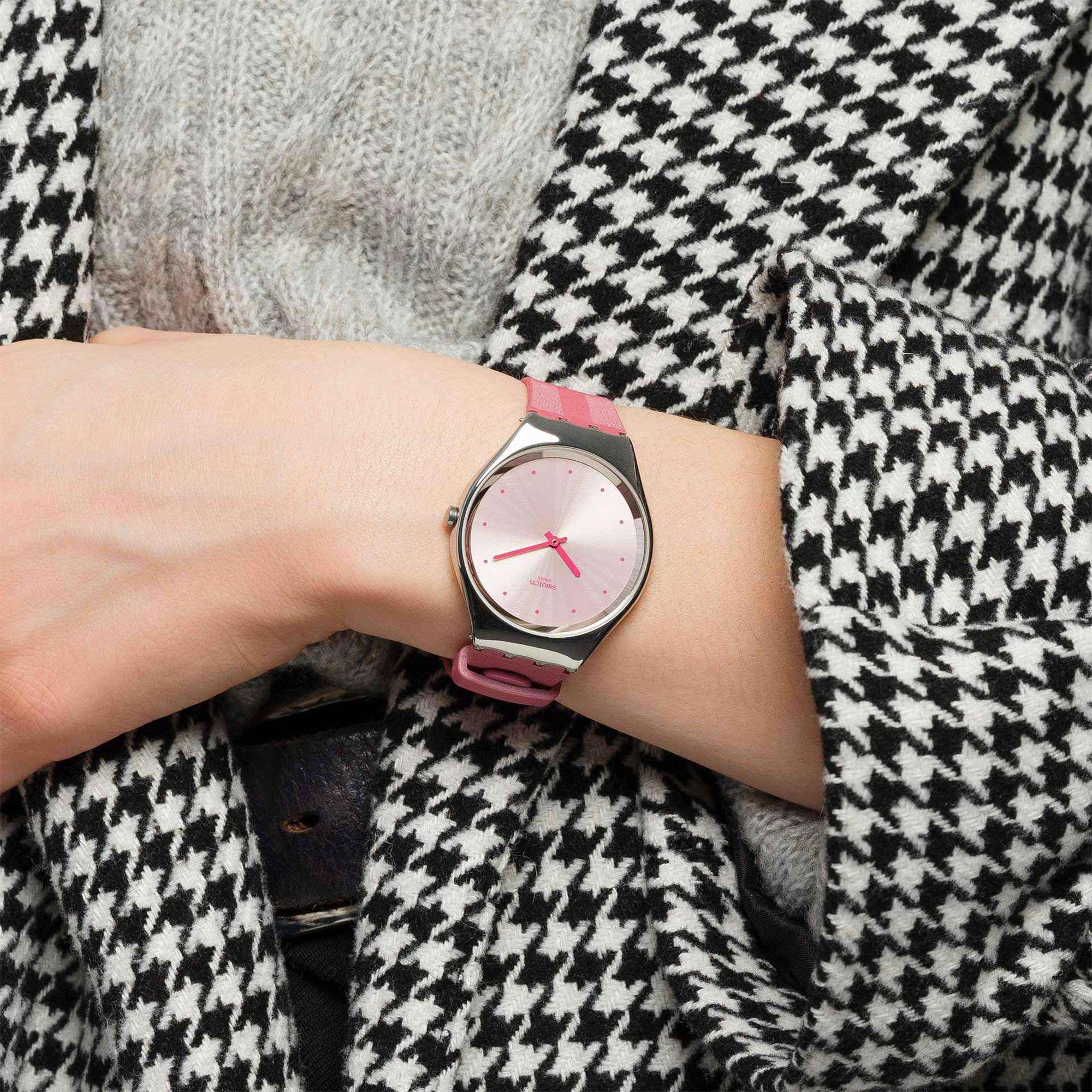 Swatch Skin Irony Rose Moire Quartz Pink Dial Pink Silicone Strap Ladies Watch SYXS135 - Image 2