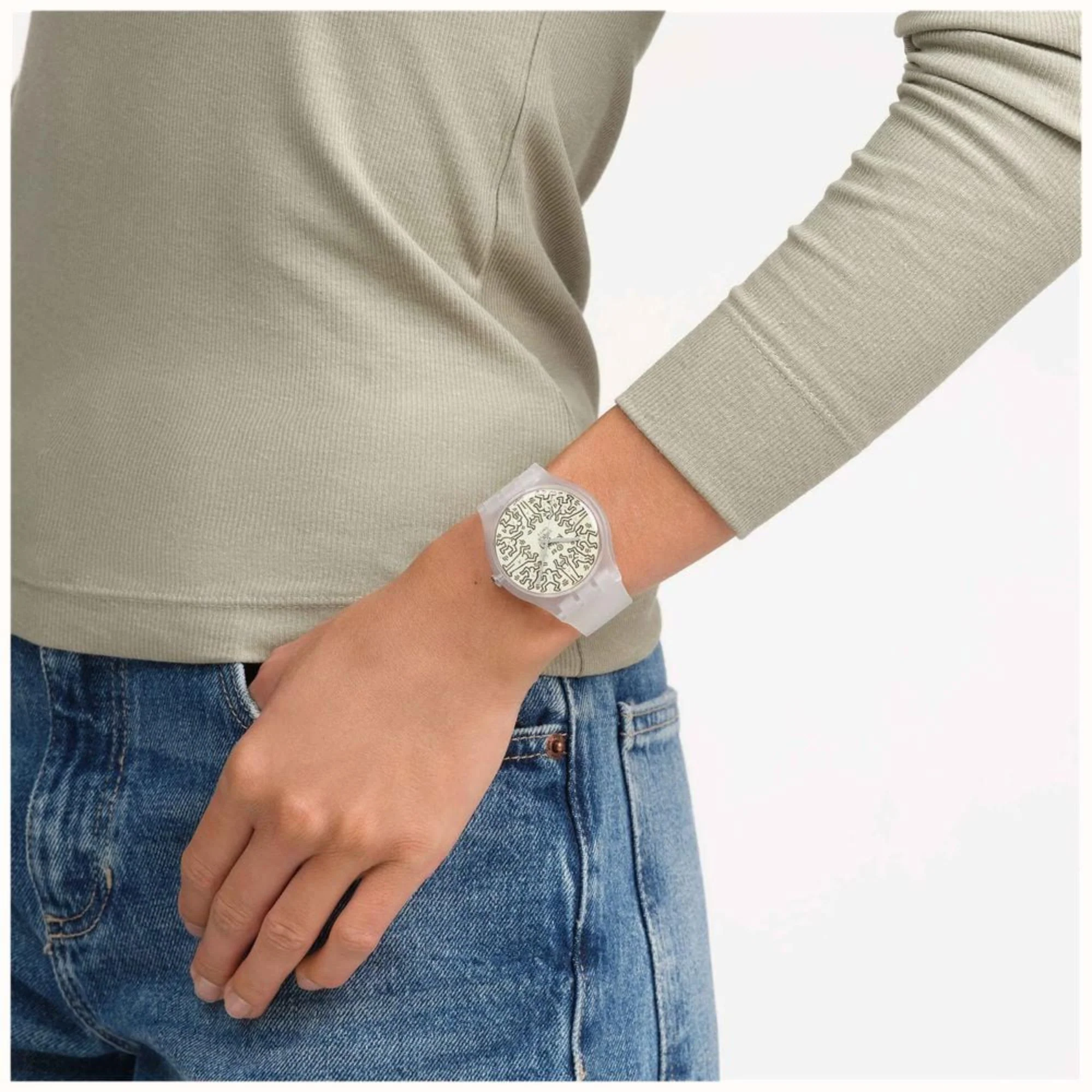 Swatch Quartz Break Free FROM THE ARCHIVE Beige Illustrated Dial Transparent Silicone Strap SO29Z145 - Image 10