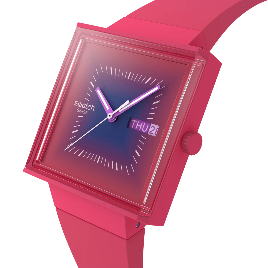 Swatch Squarely Berry Pink Dial Silicone Strap Unisex Watch SO34R700 - Image 4