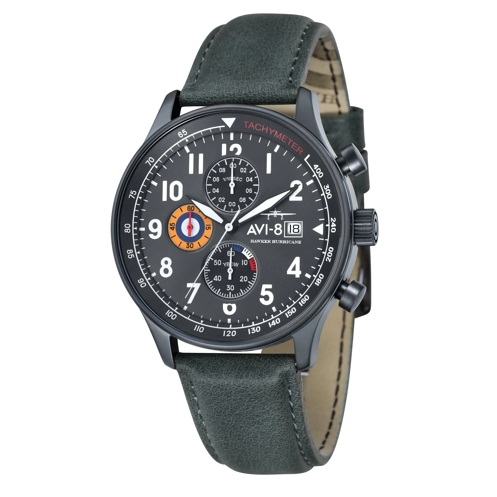 The AVI-8 Hawker Hurricane Classic Chronograph Black Dial Green Leather Strap Mens Watch AV-4011-0D - Image 6