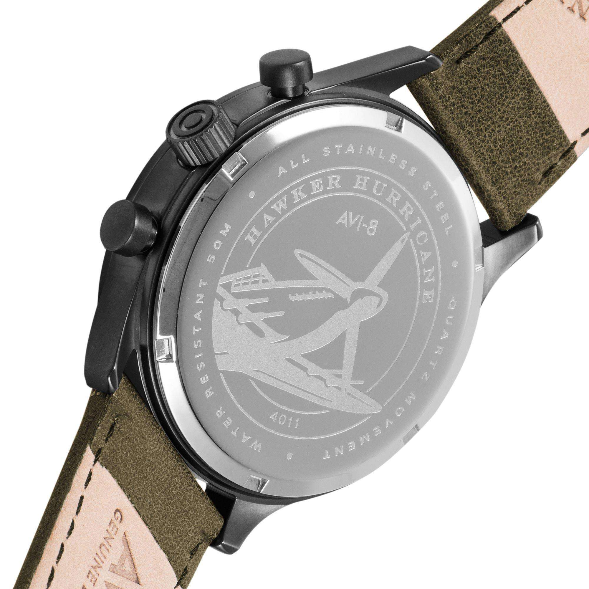 The AVI-8 Hawker Hurricane Classic Chronograph Black Dial Green Leather Strap Mens Watch AV-4011-0E - Image 4