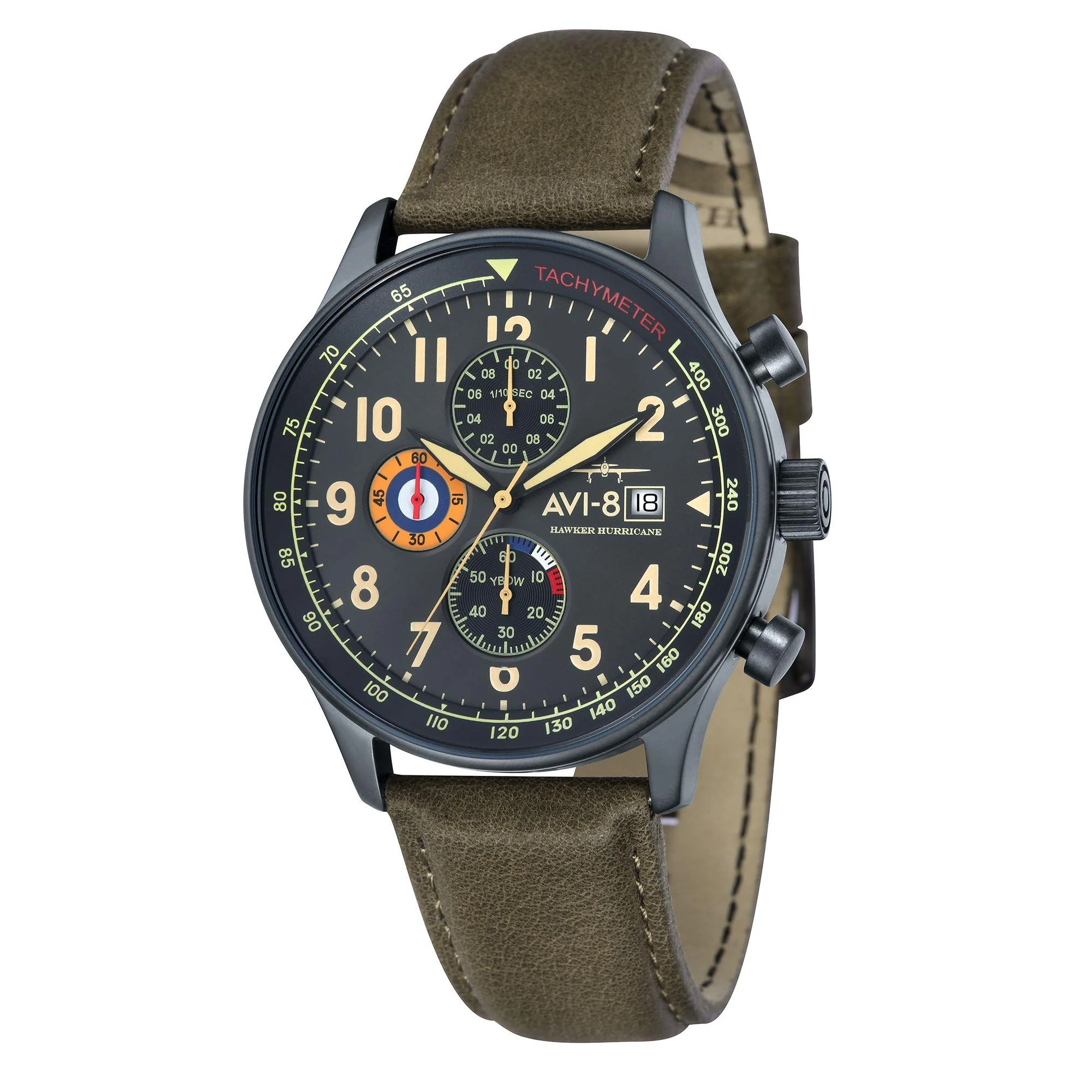 The AVI-8 Hawker Hurricane Classic Chronograph Black Dial Green Leather Strap Mens Watch AV-4011-0E - Image 6