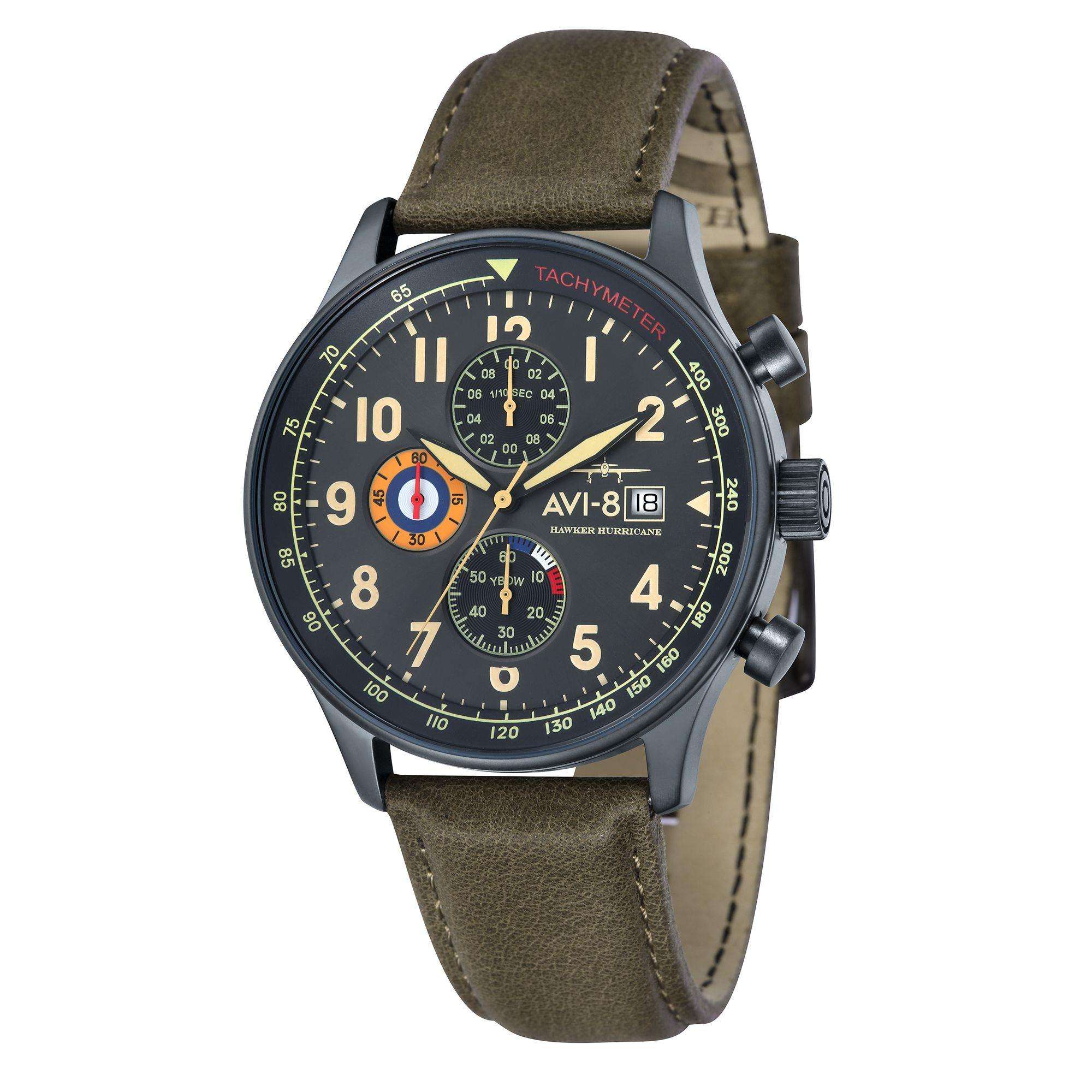 The AVI-8 Hawker Hurricane Classic Chronograph Black Dial Green Leather Strap Mens Watch AV-4011-0E - Image 7