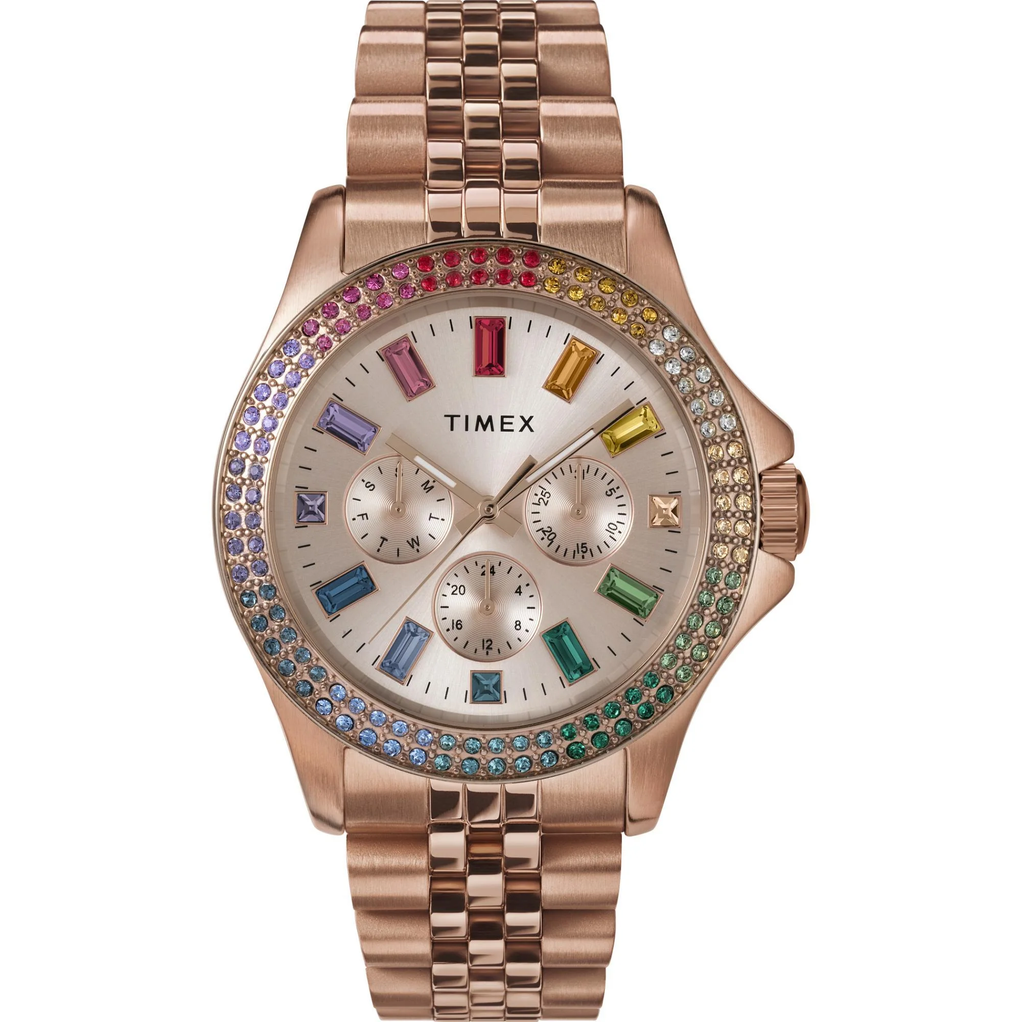 Timex Kaia Multifunction All Rose Gold-Tone Rainbow Crystal Accent Rose Gold Dial Women’s Watch TW2W34200