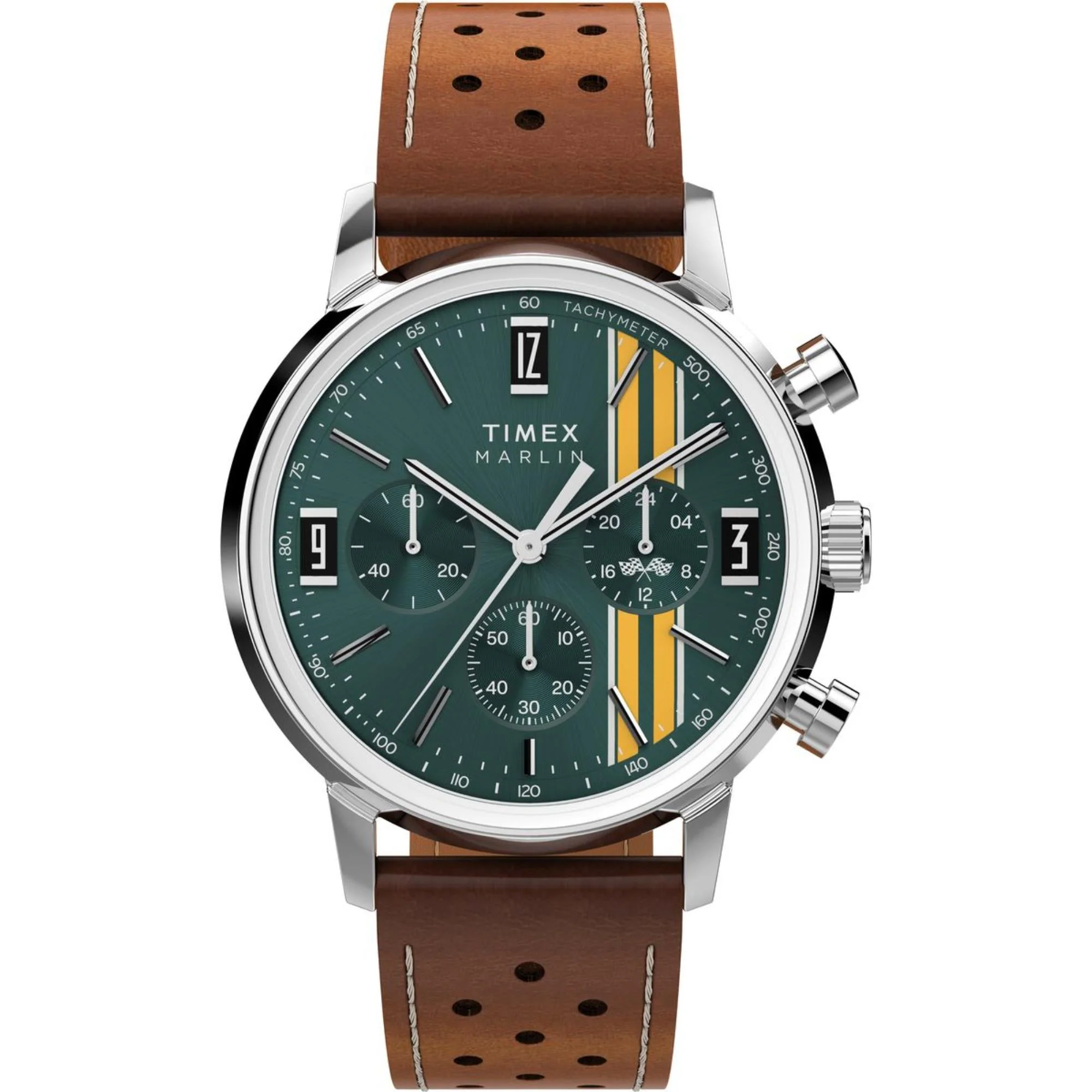Timex Marlin Chronograph Tachymeter Green Dial Leather Strap Men's Watch TW2W99100 - Image 9