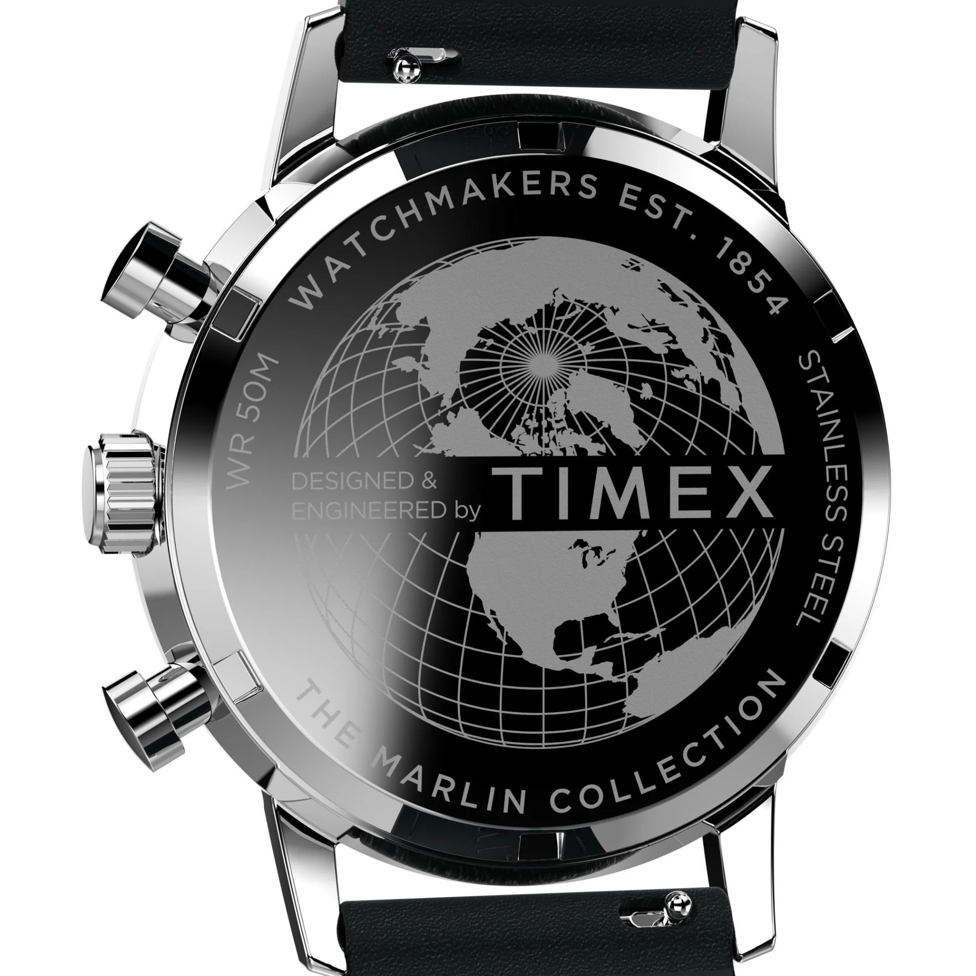 Timex Marlin Chronograph Tachymeter Silver Tone Dial Black Leather Strap Men’s Watch TW2W10300 - Image 4