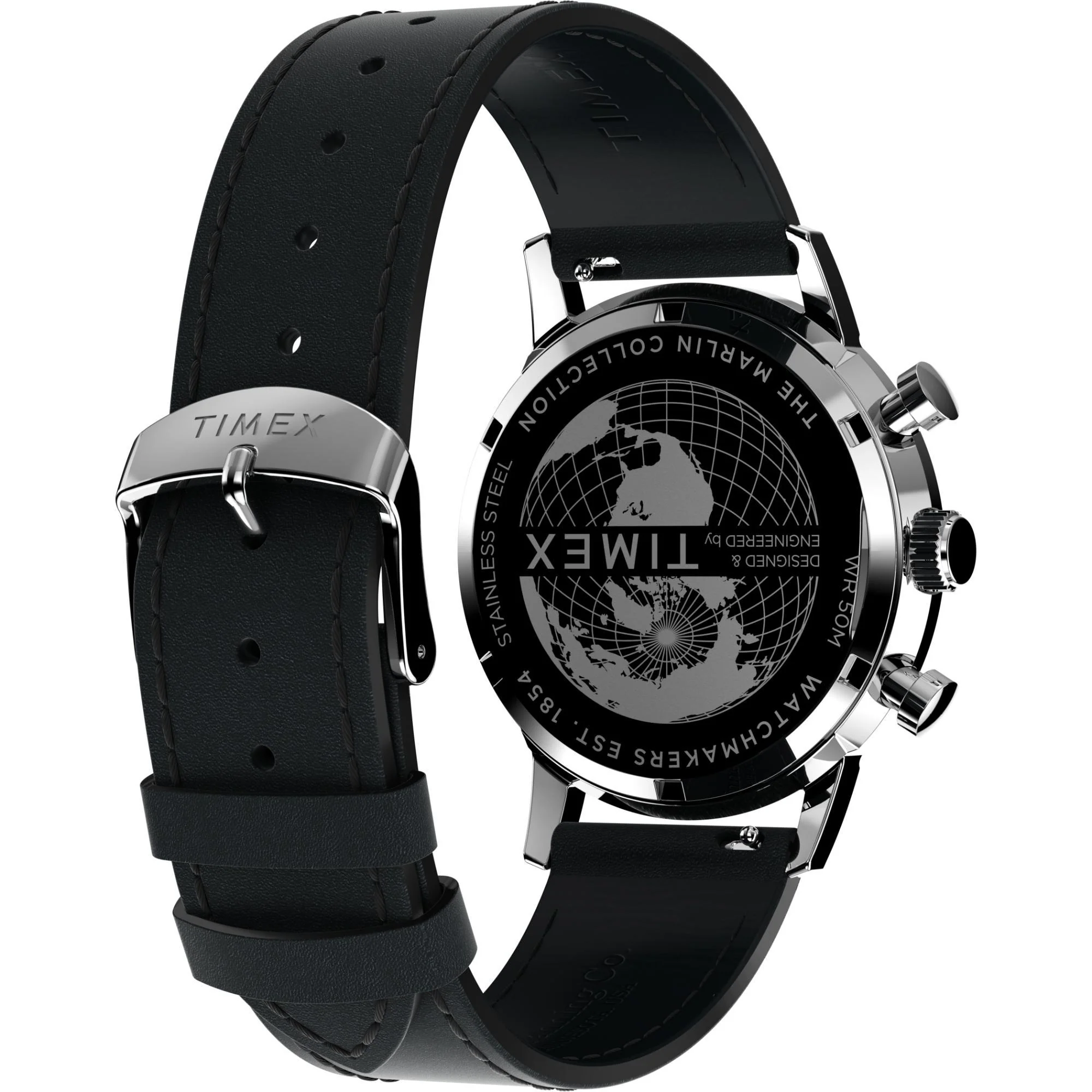 Timex Marlin Chronograph Tachymeter Silver Tone Dial Black Leather Strap Men’s Watch TW2W10300 - Image 5