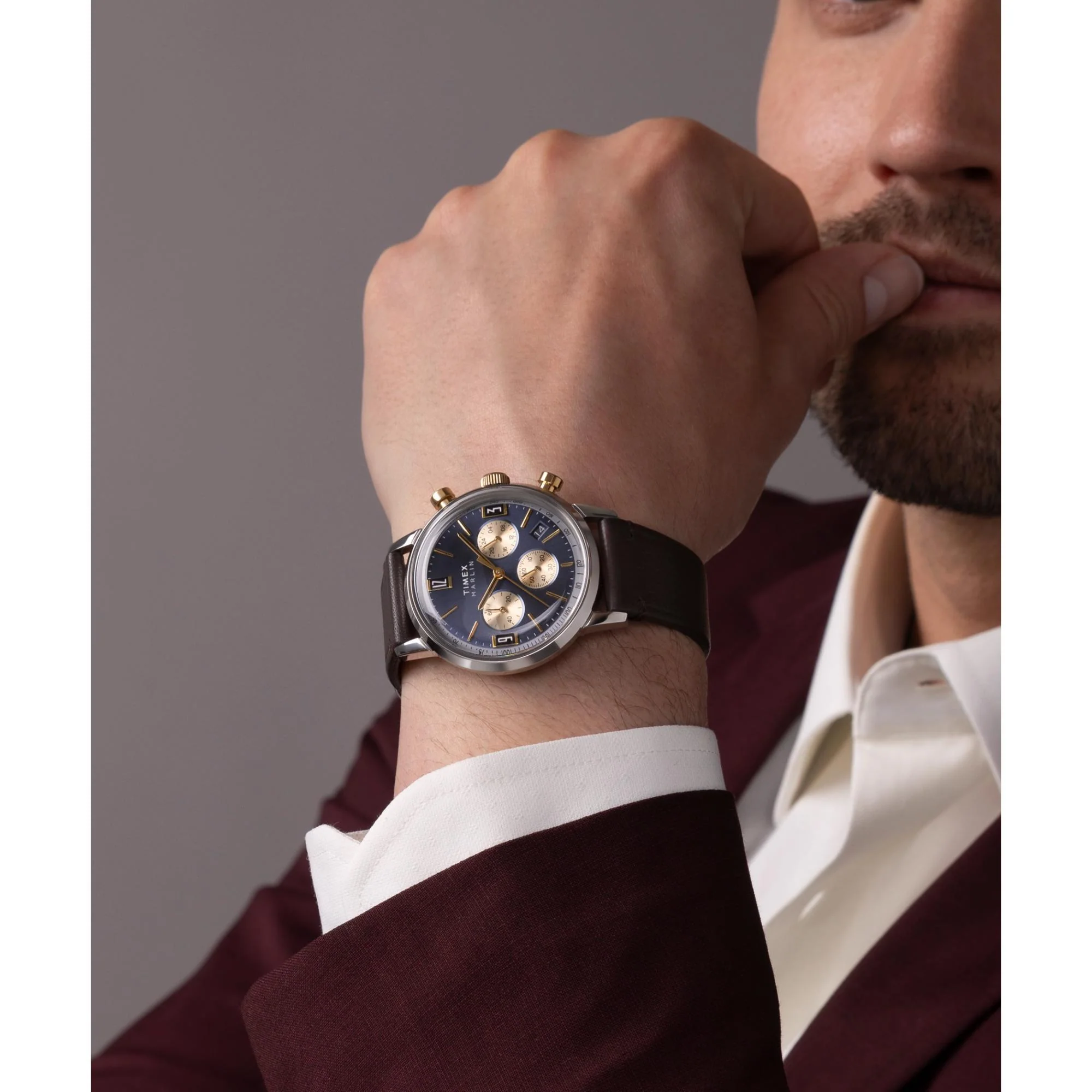 Timex Marlin Quartz Chronograph Two-Tone Case Blue Dial Brown Leather Strap Men’s Watch TW2W60400 - Image 6