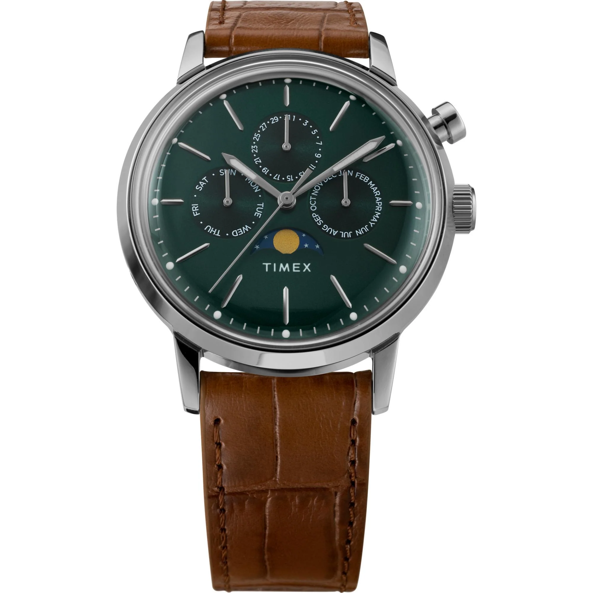 Timex Marlin Quartz Moon Phase Stainless Steel Case Green Dial Brown Leather Strap Men’s Watch TW2W51000 - Image 6