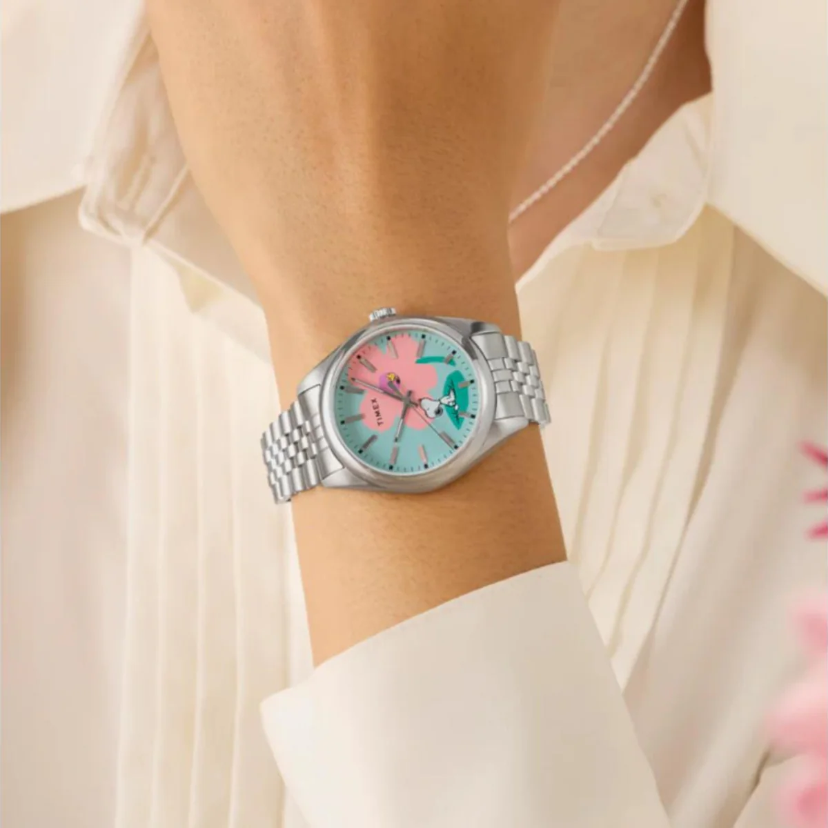 Timex Peanuts x Legacy Snoopy with Flower Blue Dial Steel Strap Women's Watch TW2Y52600 - Image 2