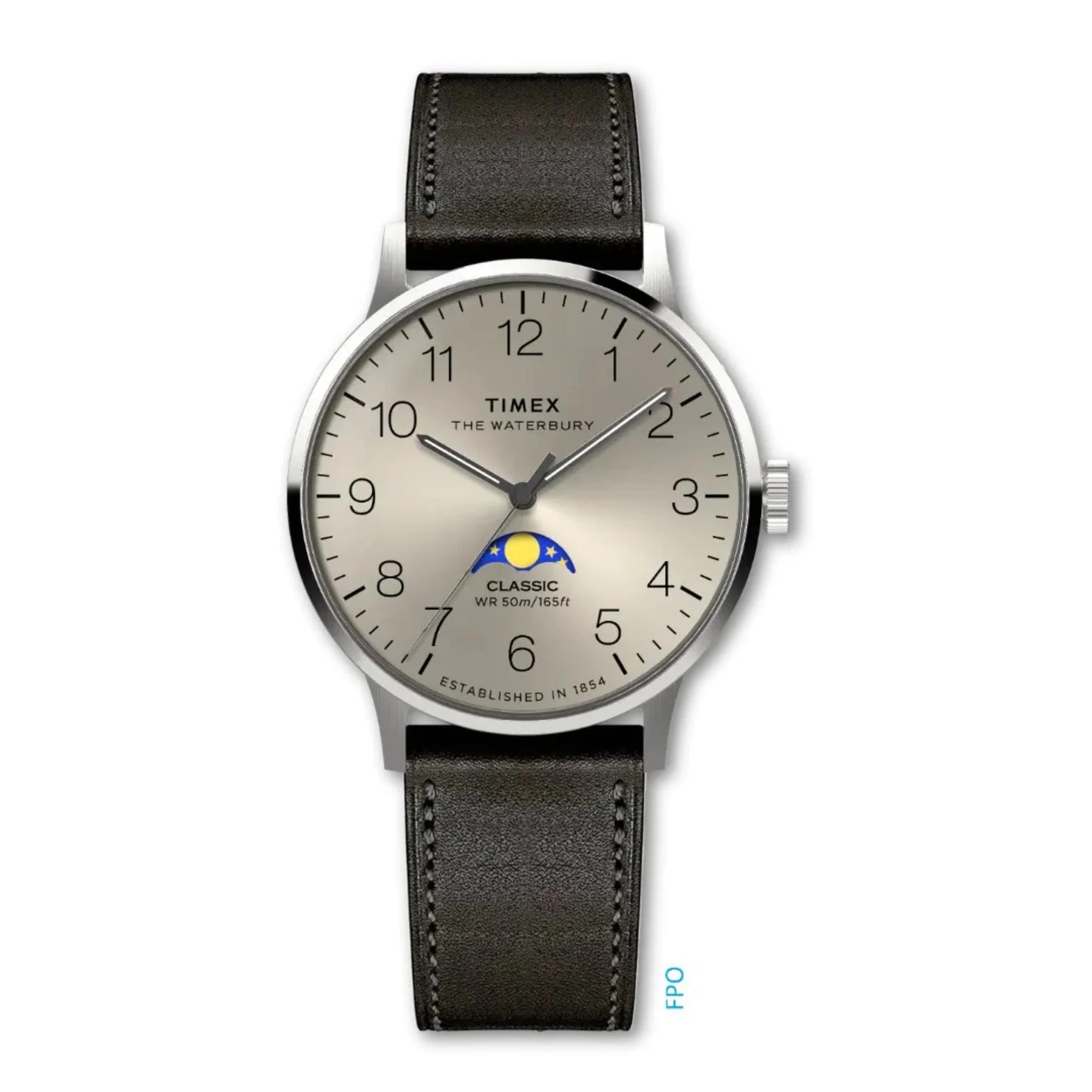 Timex Waterbury Classic Moon Phase Champagne Dial Leather Strap Men’s Watch TW2W75500 - Image 2