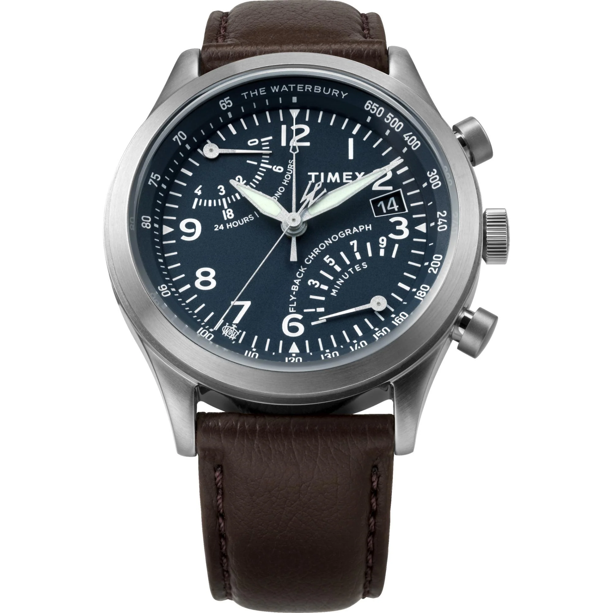 Timex Waterbury Traditional Fly-Back Chronograph Blue Dial Leather Strap Men’s Watch TW2W47900 - Image 6