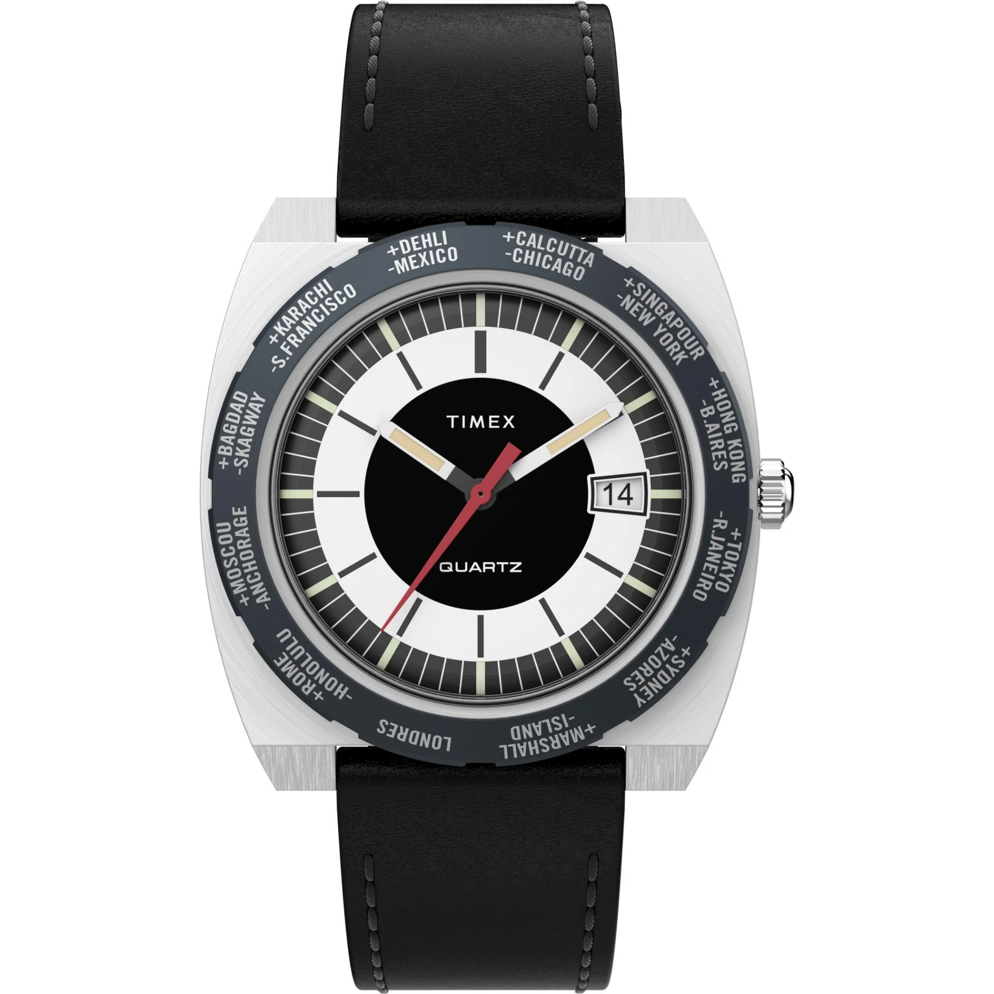 Timex World Time Ring Black Dial Leather Strap Men’s Watch TW2V69500