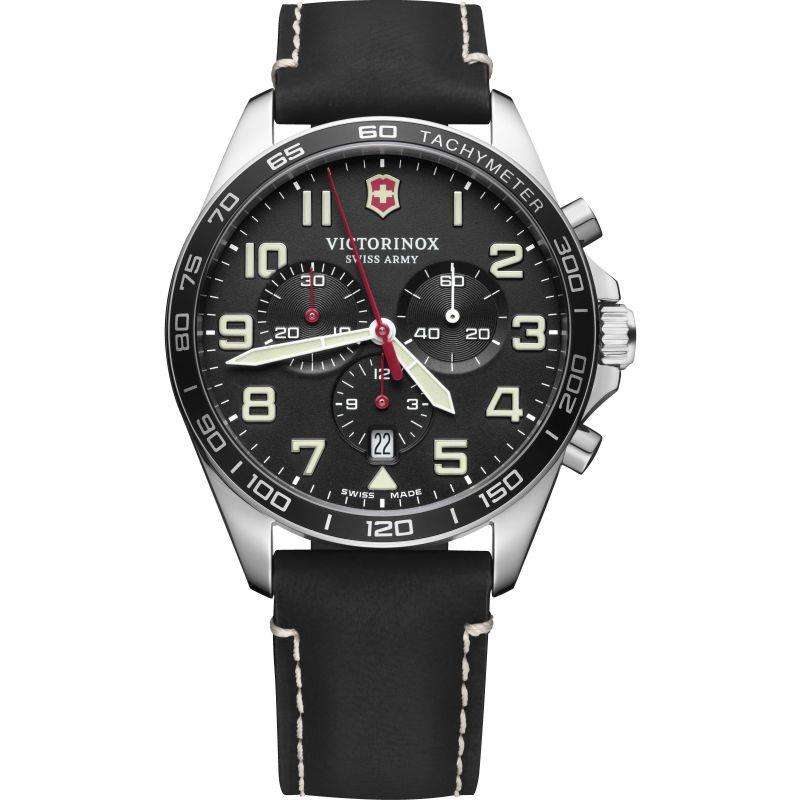 Victorinox Swiss Army Fieldforce Chronograph Black Dial Black Leather Strap Men's Watch 241852 - Image 2
