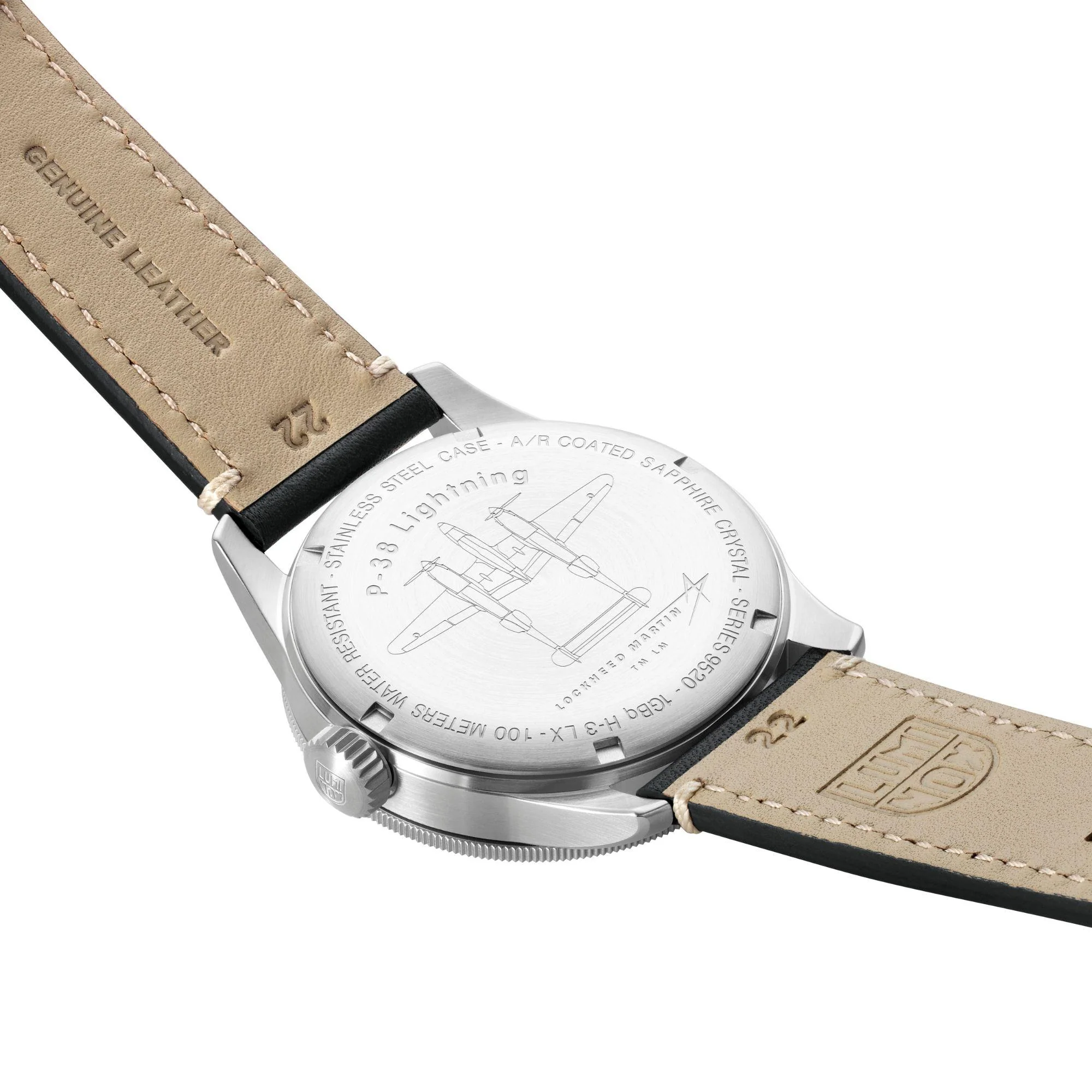 Luminox P-38 Lightning 9520 Series Cream Dial Black Leather Strap Men's Watch XA.9527 - Image 12