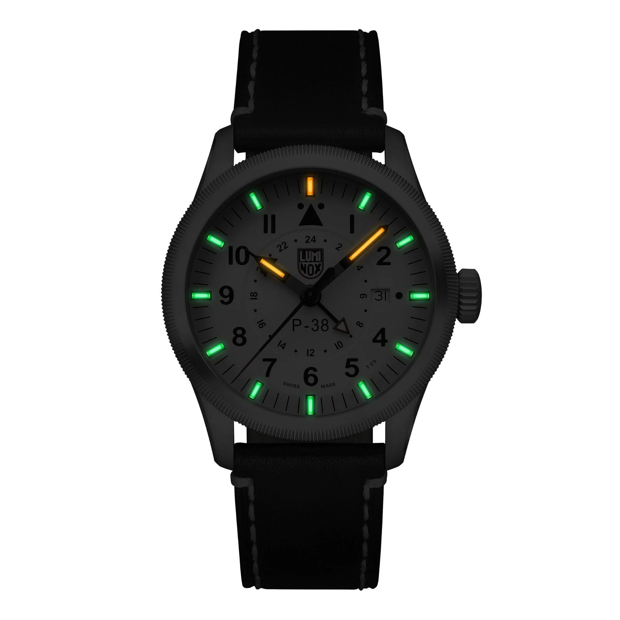 Luminox P-38 Lightning 9520 Series Cream Dial Black Leather Strap Men's Watch XA.9527 - Image 15