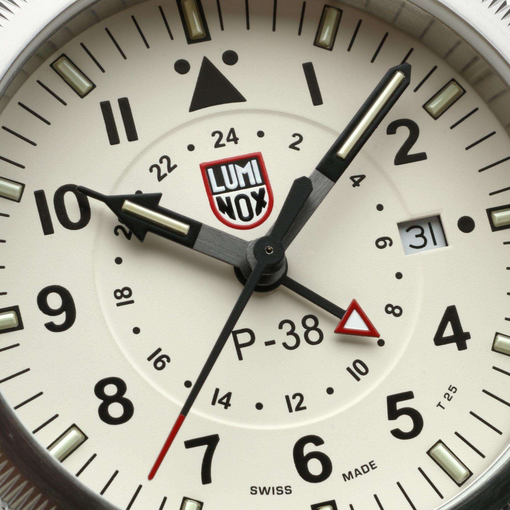 Luminox P-38 Lightning 9520 Series Cream Dial Black Leather Strap Men's Watch XA.9527 - Image 6