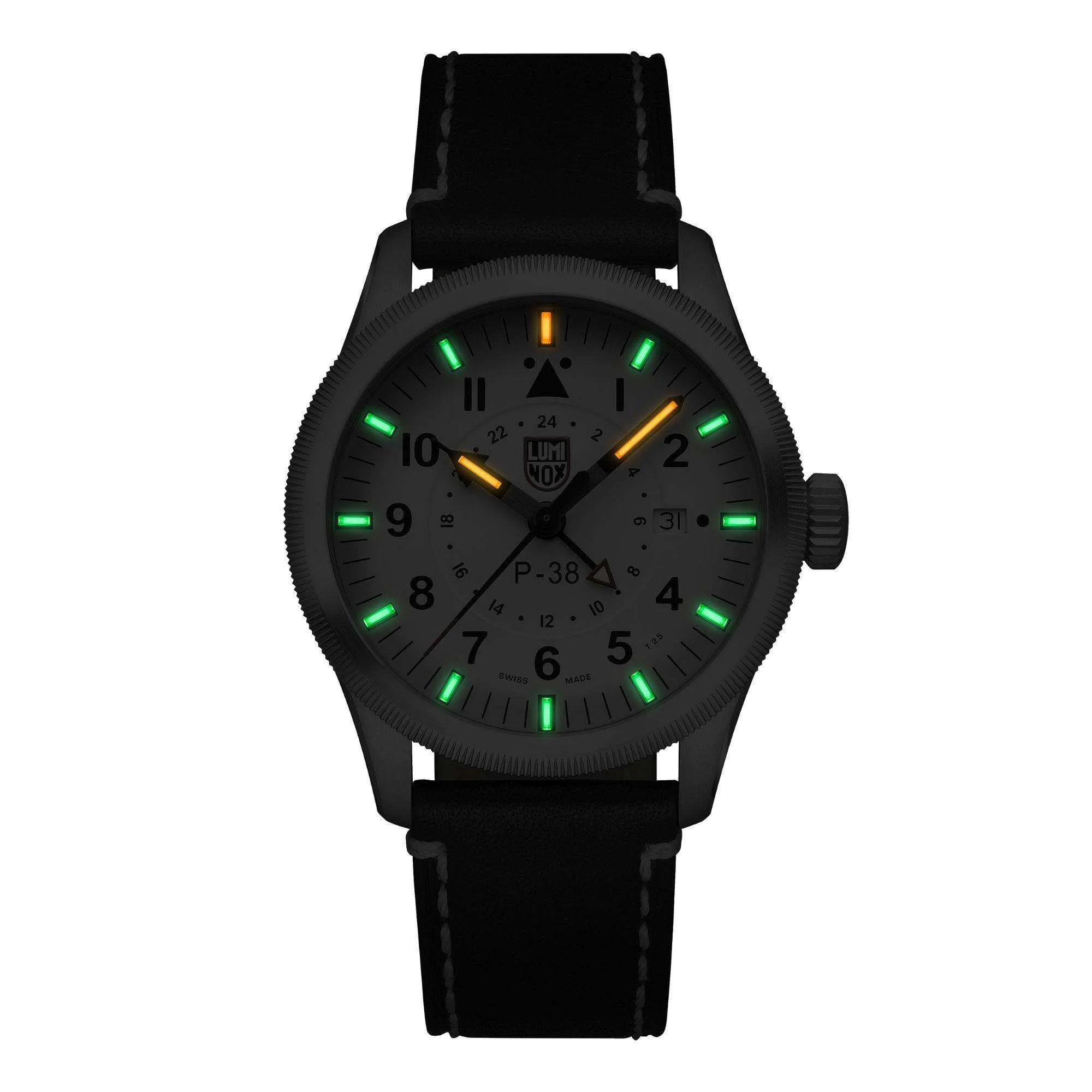 Luminox P-38 Lightning 9520 Series Cream Dial Black Leather Strap Men's Watch XA.9527 - Image 7