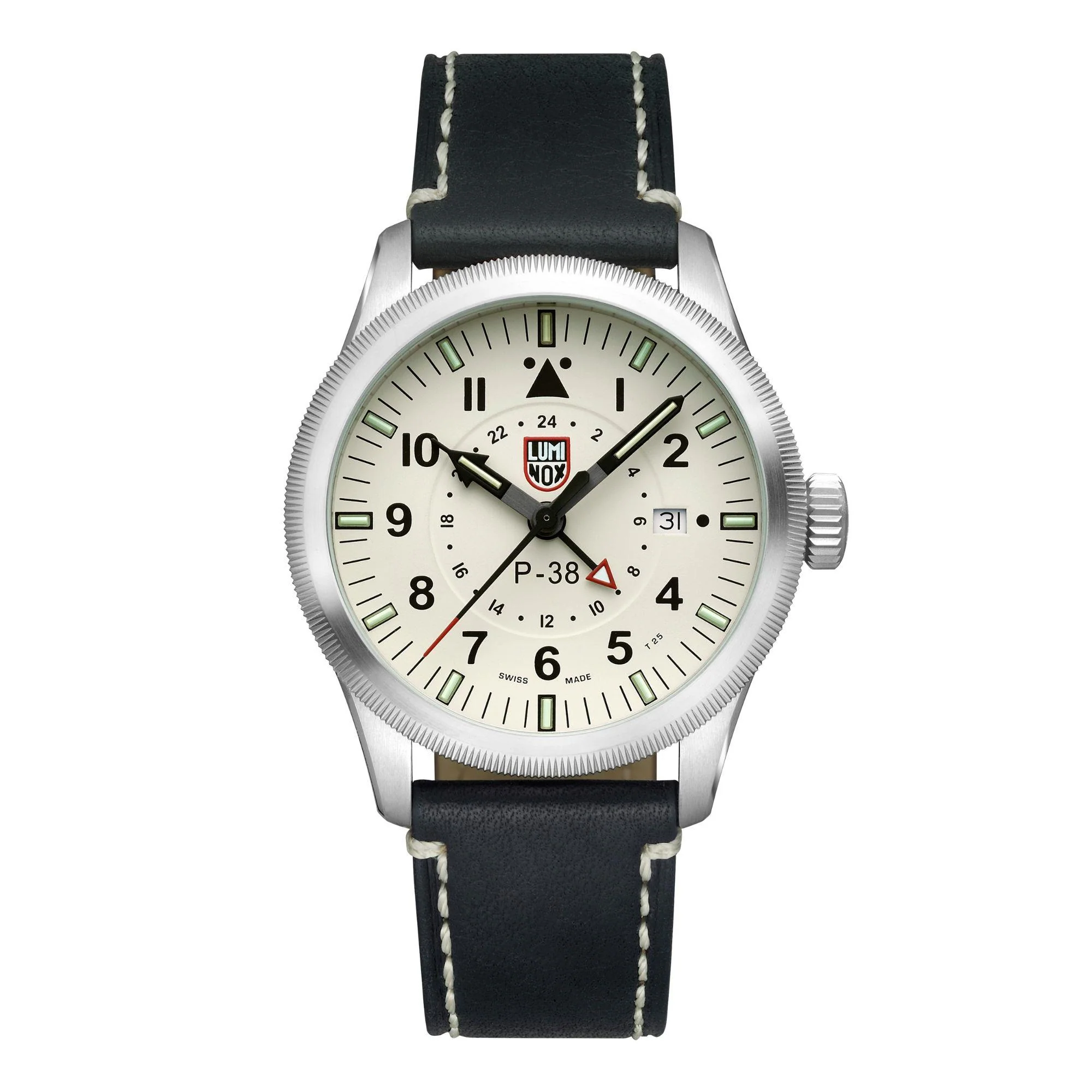 Luminox P-38 Lightning 9520 Series Cream Dial Black Leather Strap Men's Watch XA.9527 - Image 8