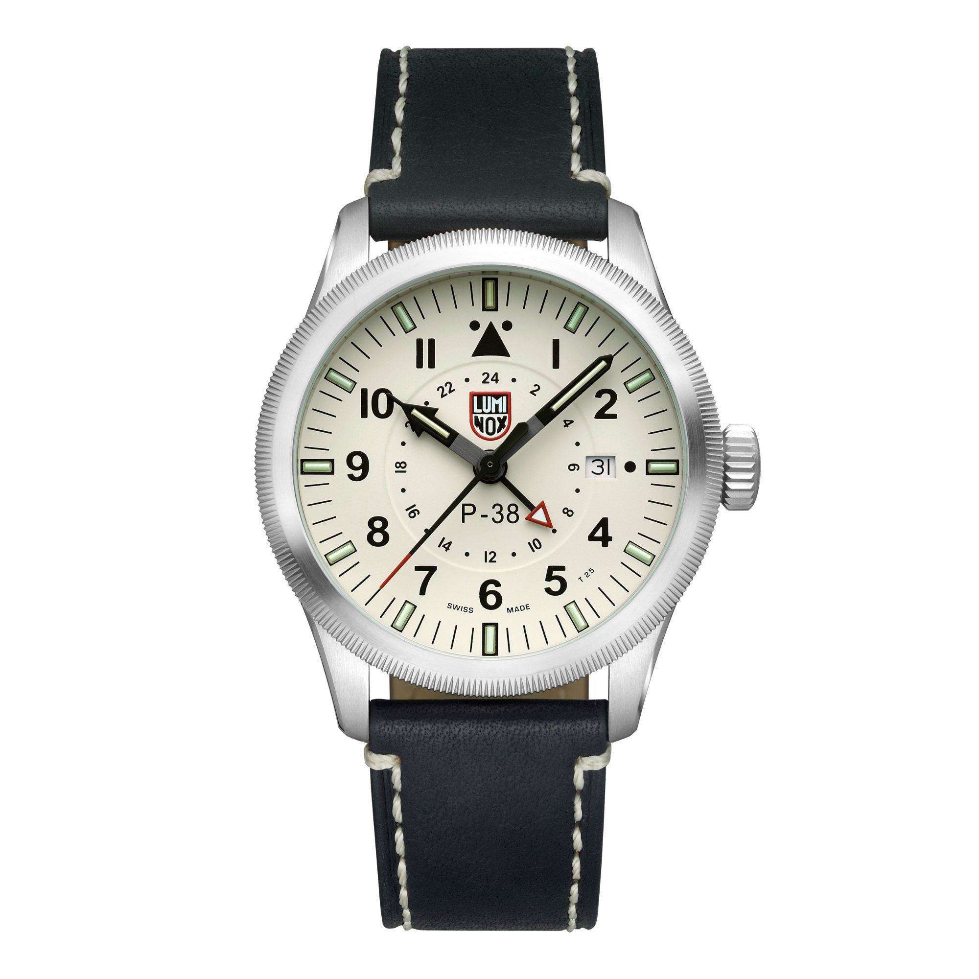 Luminox P-38 Lightning 9520 Series Cream Dial Black Leather Strap Men's Watch XA.9527 - Image 9